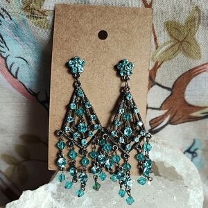 Aqua Blue Teal Rhinestones Chandelier Pierced Silver Tone Earrings Flowers NEW